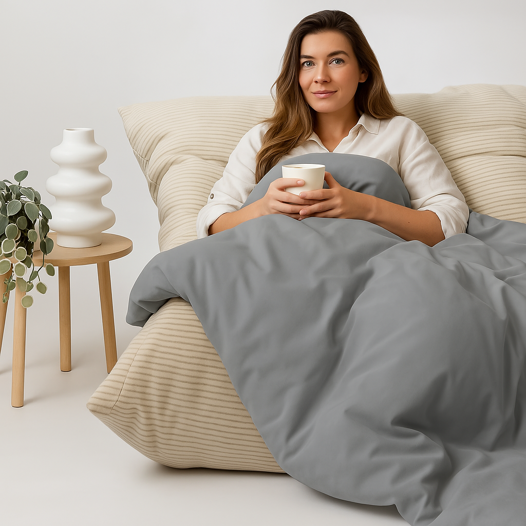 Lady sitting down with coffee, to describe how do weighted blankets work