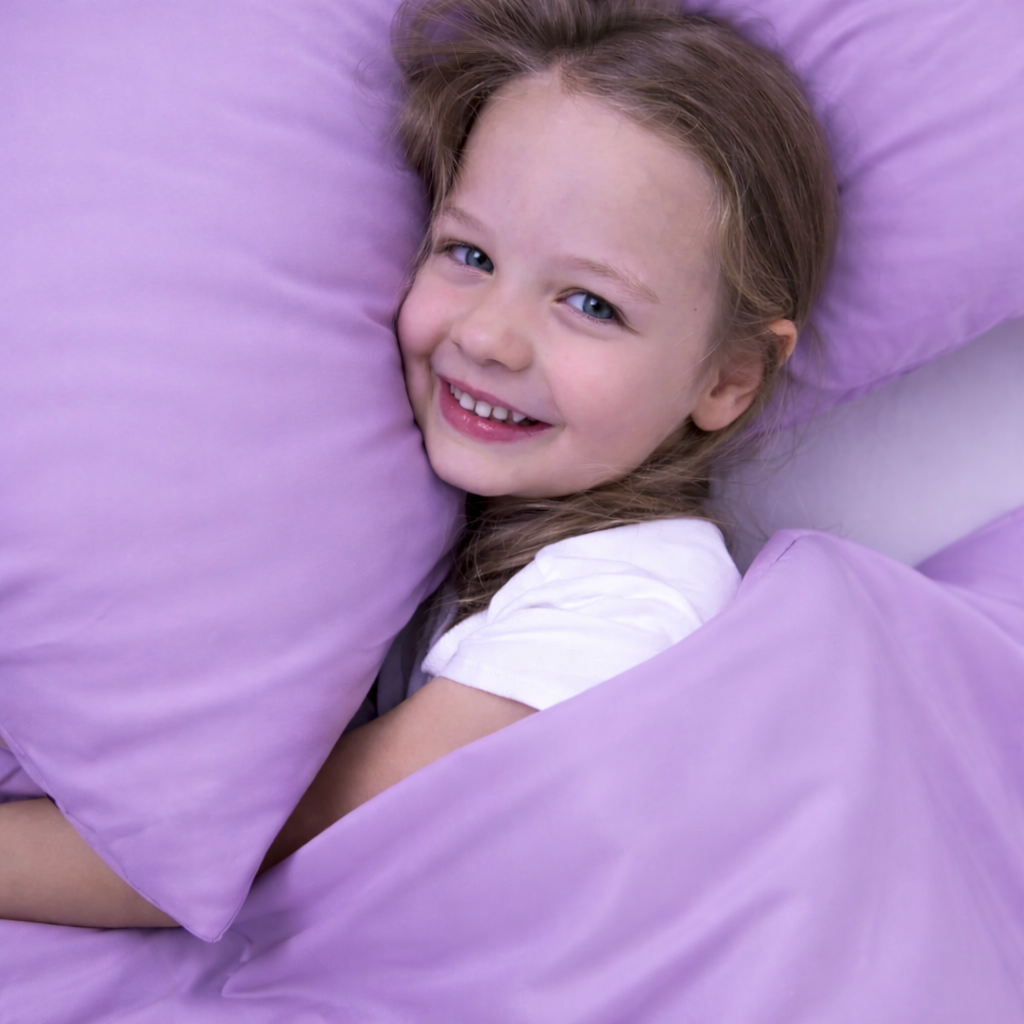 Young girl lying in bed with lavender karmara weighted blanket